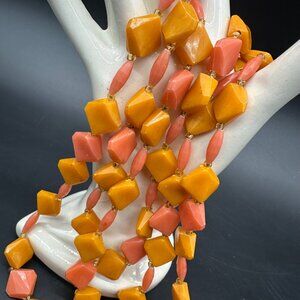 Vintage Beaded Necklace Orange Pink Geometric Plastic Mid Century Modern Jewelry